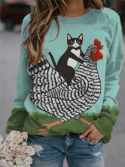 Camiseta Casual De Manga Larga Con Cuello Redondo Y Estampado De Gallo De Gato De Dibujos Animados Lindo Para Mujer