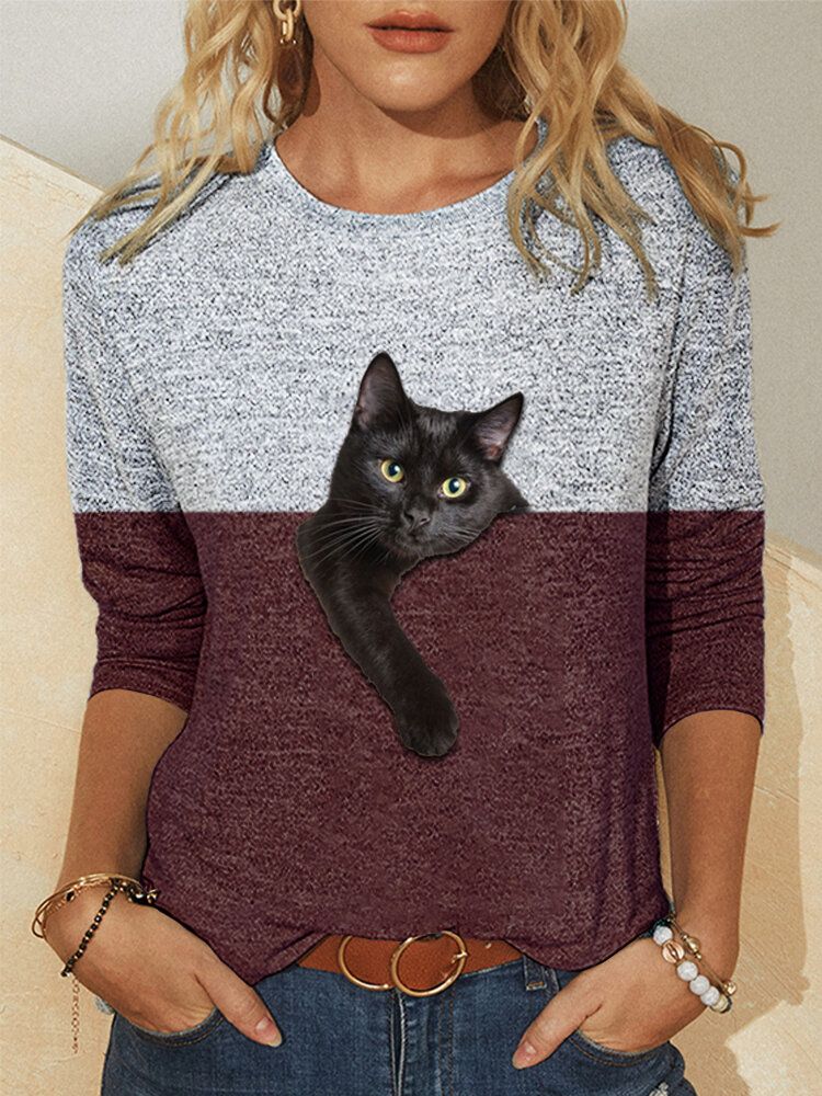 Camiseta Casual De Manga Larga Con Cuello Redondo Y Estampado De Gato 3d En Contraste De Color Para Mujer