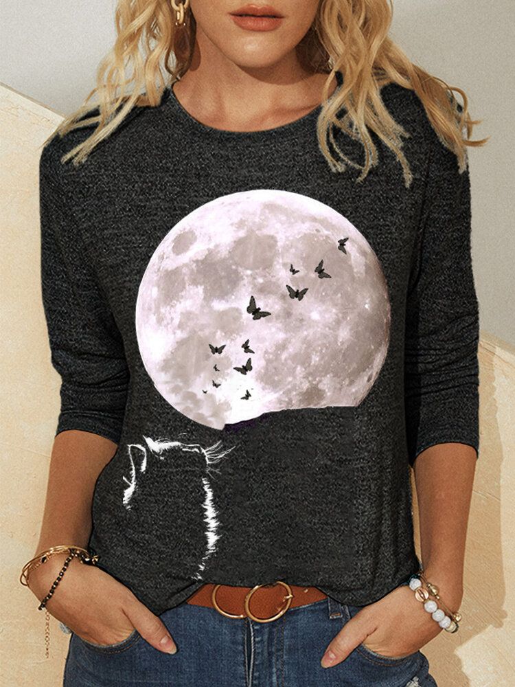 Camiseta Casual De Manga Larga Con Cuello Redondo Y Estampado Gráfico De Gato Y Luna Para Mujer