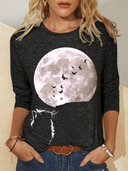 Camiseta Casual De Manga Larga Con Cuello Redondo Y Estampado Gráfico De Gato Y Luna Para Mujer