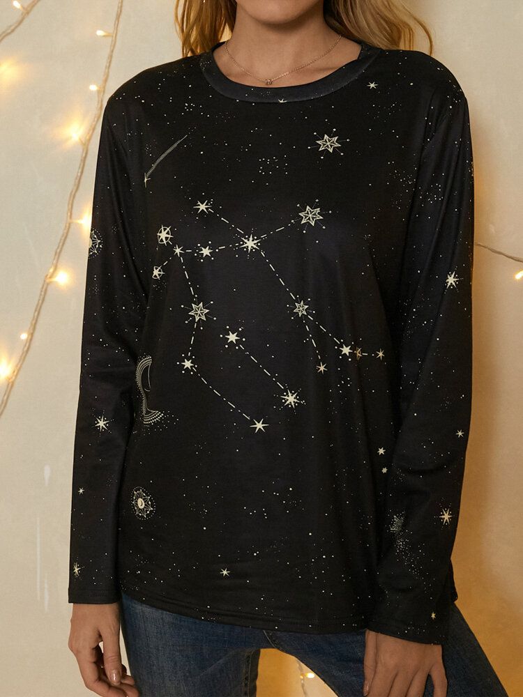 Camiseta Casual De Manga Larga Con Cuello Redondo Y Estrellas Con Estampado De Géminis Para Mujer