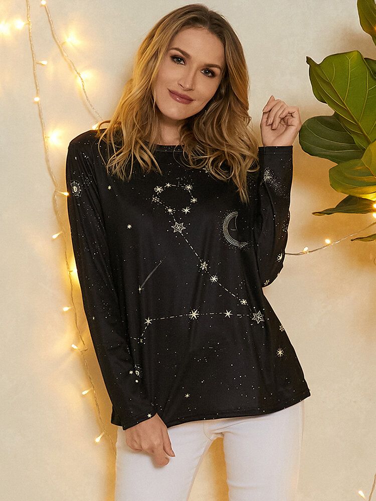 Camiseta Casual De Manga Larga Con Cuello Redondo Y Estrellas Con Estampado De Piscis Para Mujer