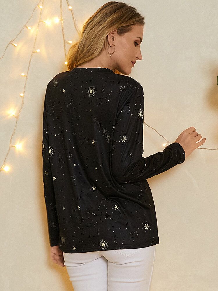 Camiseta Casual De Manga Larga Con Cuello Redondo Y Estrellas Con Estampado De Piscis Para Mujer