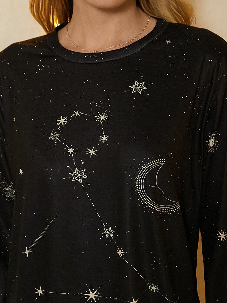 Camiseta Casual De Manga Larga Con Cuello Redondo Y Estrellas Con Estampado De Piscis Para Mujer