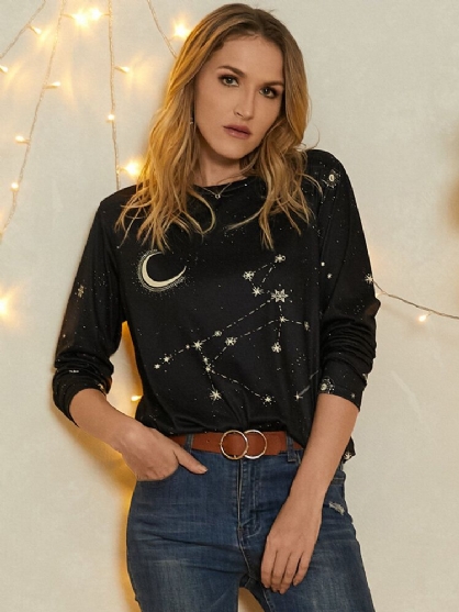 Camiseta Casual De Manga Larga Con Cuello Redondo Y Estrellas Con Estampado De Sagitario Para Mujer