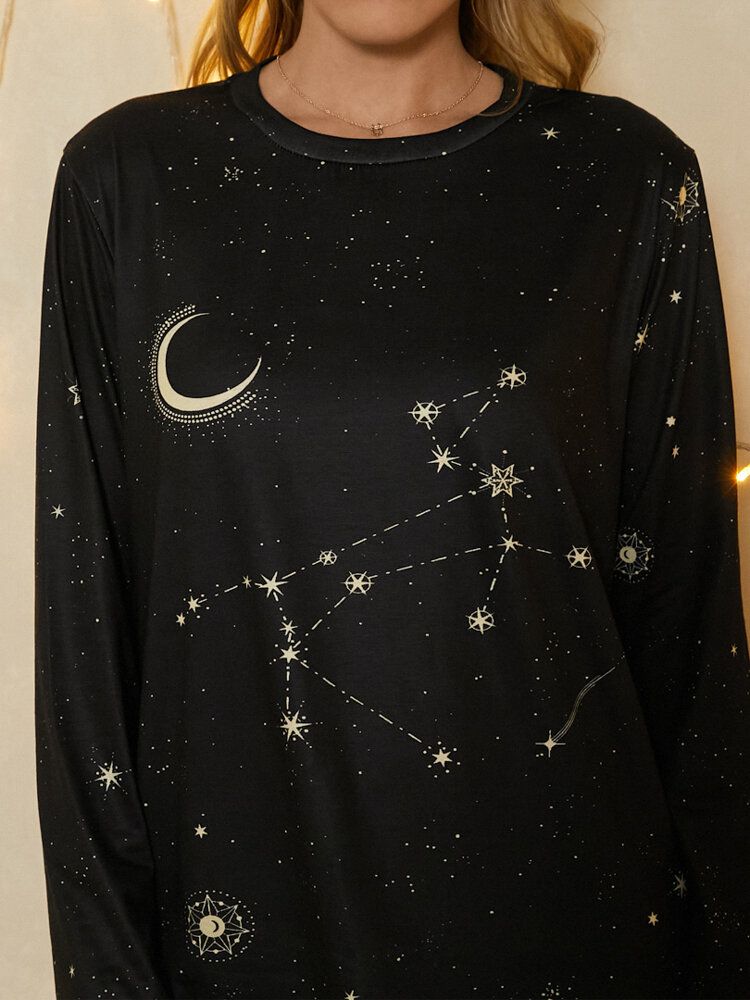 Camiseta Casual De Manga Larga Con Cuello Redondo Y Estrellas Con Estampado De Sagitario Para Mujer