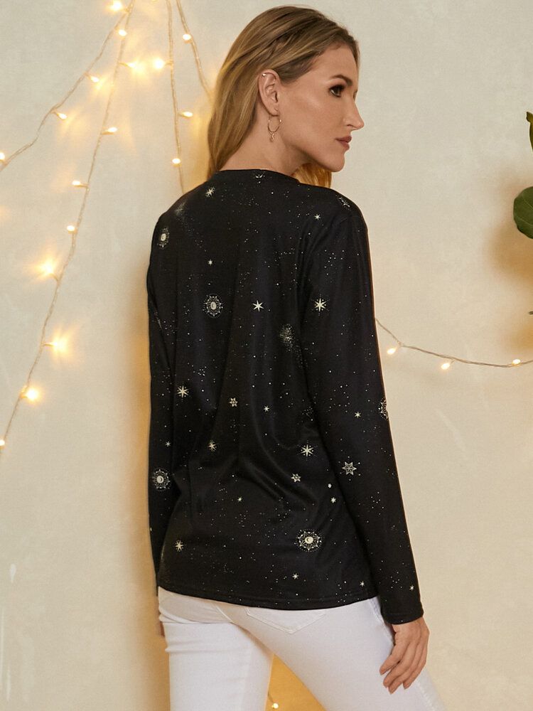 Camiseta Casual De Manga Larga Con Cuello Redondo Y Estrellas Con Estampado De Tauro Para Mujer