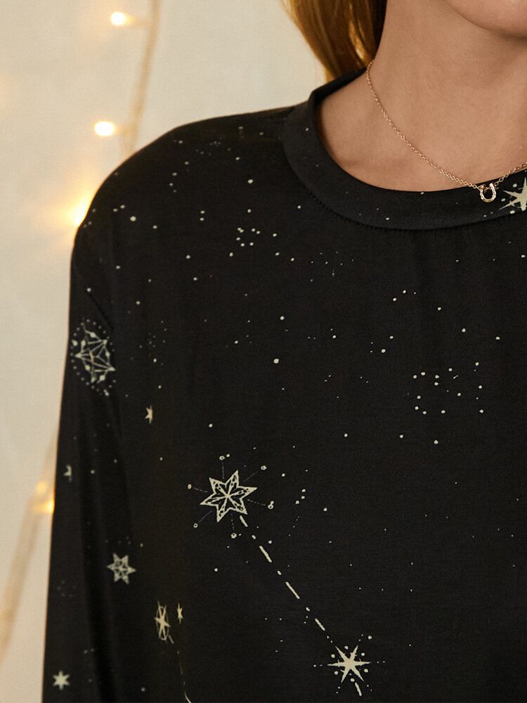 Camiseta Casual De Manga Larga Con Cuello Redondo Y Estrellas Con Estampado De Tauro Para Mujer