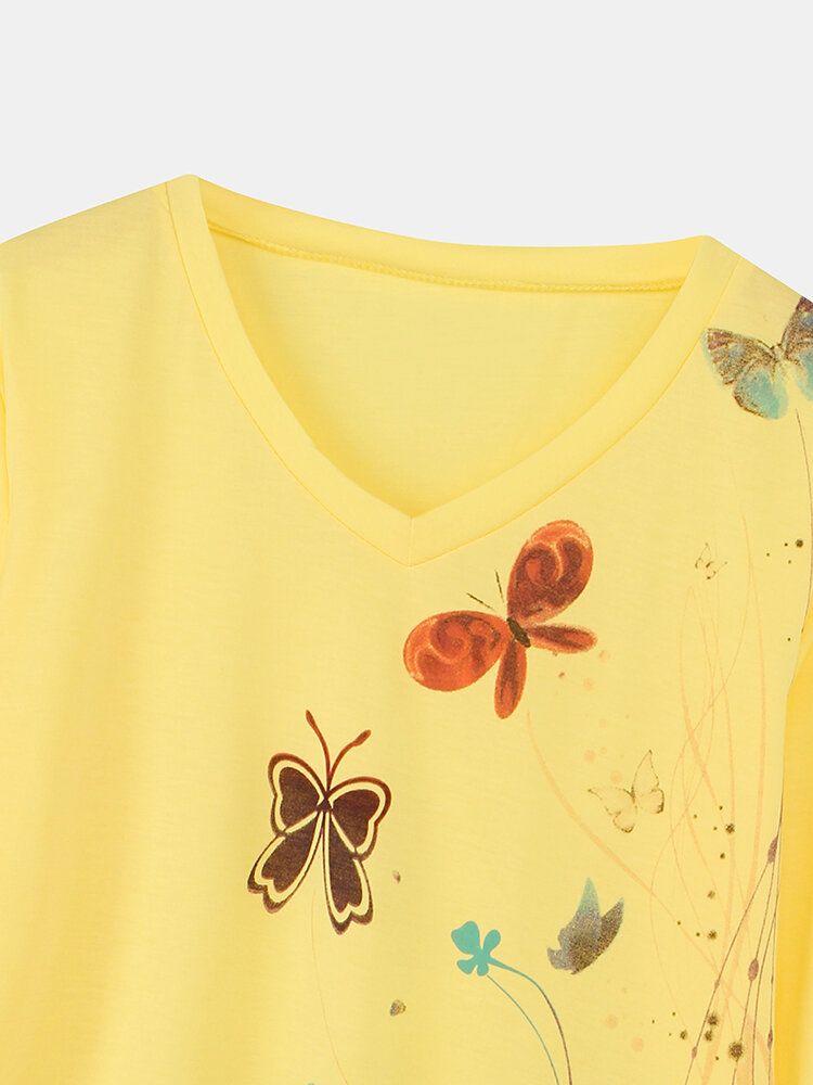 Camiseta Casual De Manga Larga Con Cuello En V Y Estampado De Mariposas Para Mujer