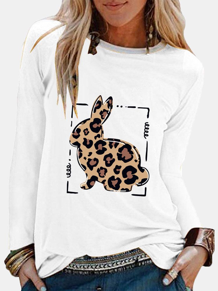 Camiseta Casual De Mujer De Manga Larga Con Cuello Redondo Y Estampado De Conejito De Pascua