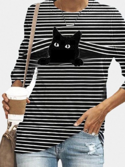 Camiseta Casual De Rayas Con Cuello Redondo Y Manga Larga Con Estampado De Gato Negro Para Mujer