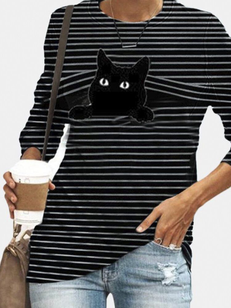 Camiseta Casual De Rayas Con Cuello Redondo Y Manga Larga Con Estampado De Gato Negro Para Mujer