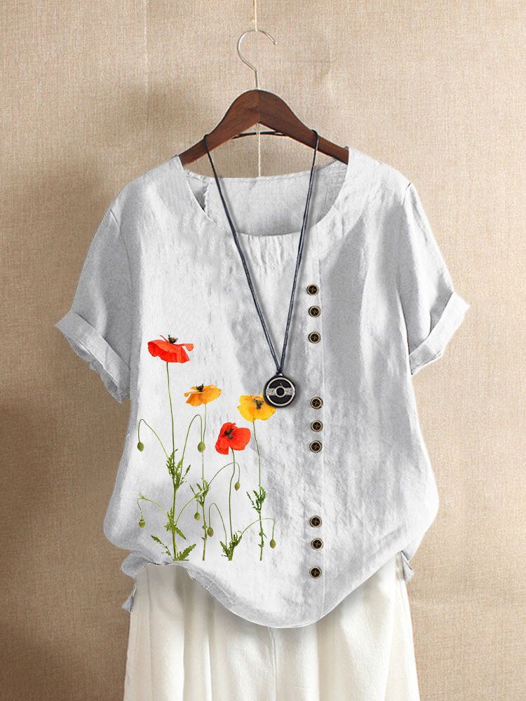 Camiseta Con Botones De Manga Corta Y Cuello Redondo Con Estampado De Flores Para Mujer