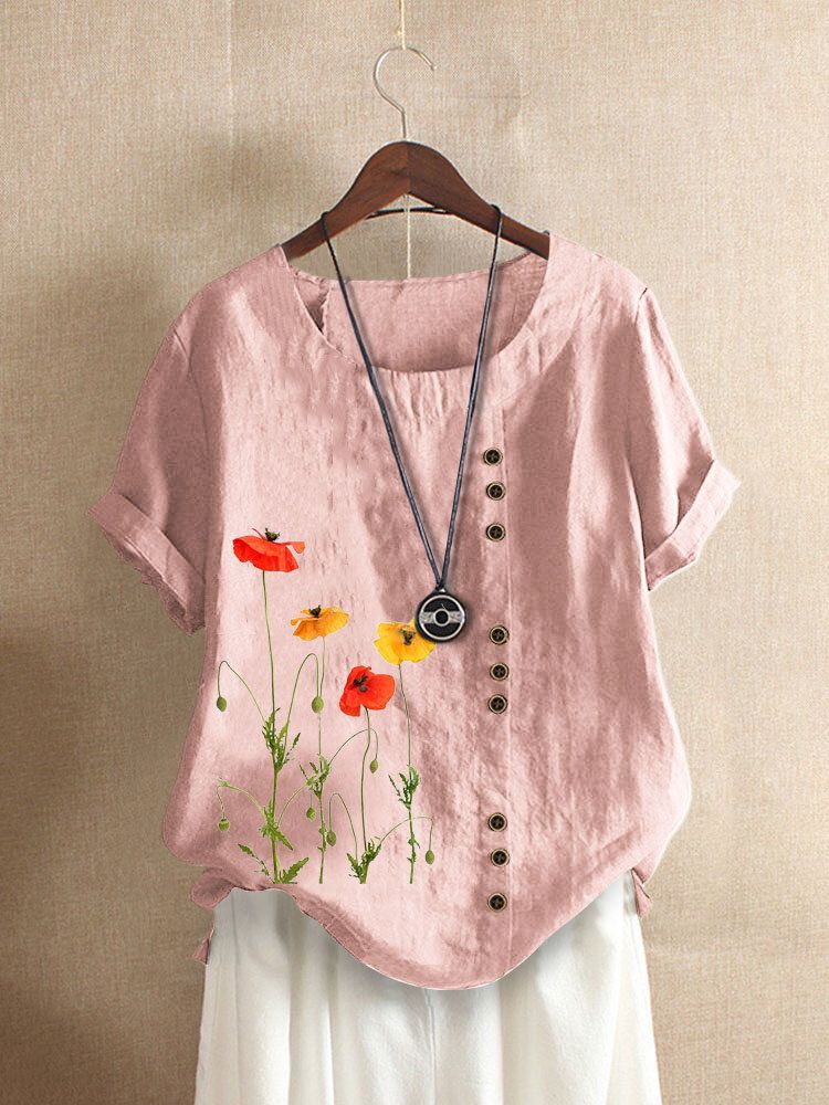 Camiseta Con Botones De Manga Corta Y Cuello Redondo Con Estampado De Flores Para Mujer