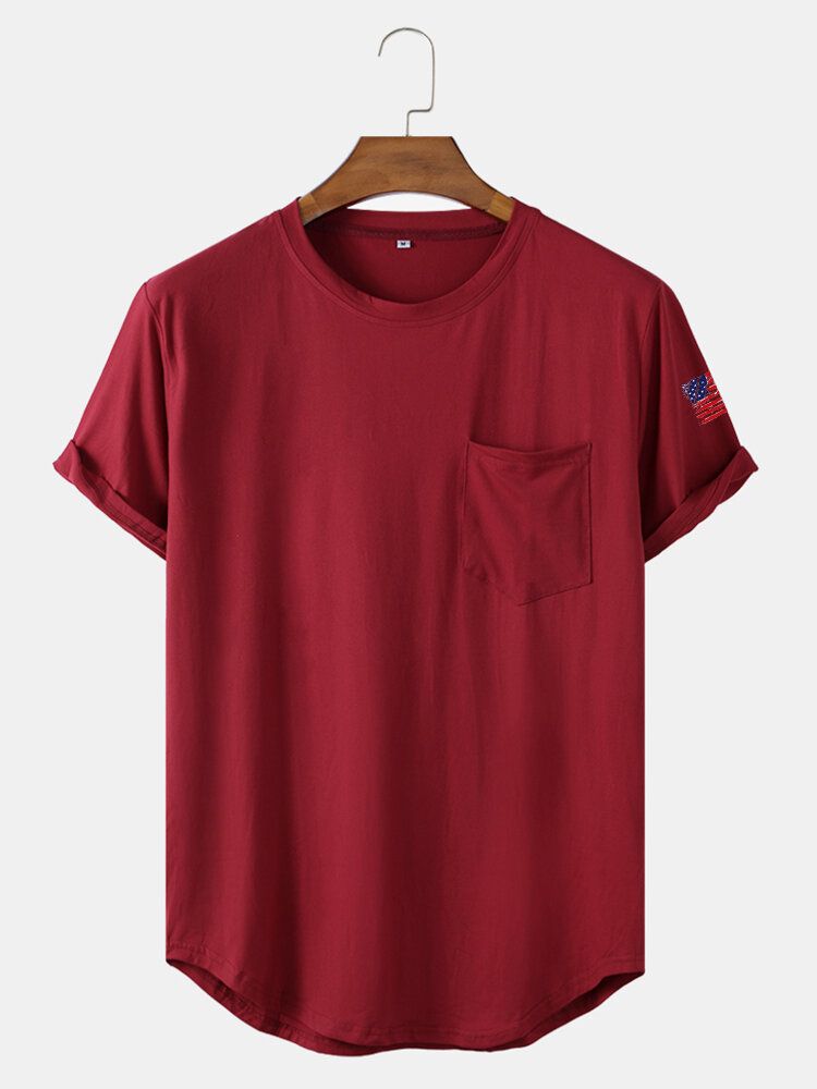 Camiseta Con Dobladillo Curvo Y Manga De Bandera Americana De Color Sólido Para Hombre Con Bolsillo