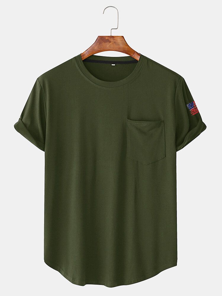 Camiseta Con Dobladillo Curvo Y Manga De Bandera Americana De Color Sólido Para Hombre Con Bolsillo