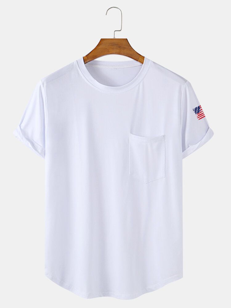 Camiseta Con Dobladillo Curvo Y Manga De Bandera Americana De Color Sólido Para Hombre Con Bolsillo