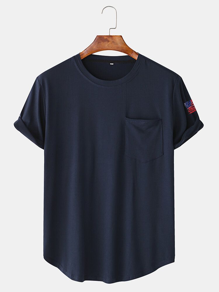 Camiseta Con Dobladillo Curvo Y Manga De Bandera Americana De Color Sólido Para Hombre Con Bolsillo