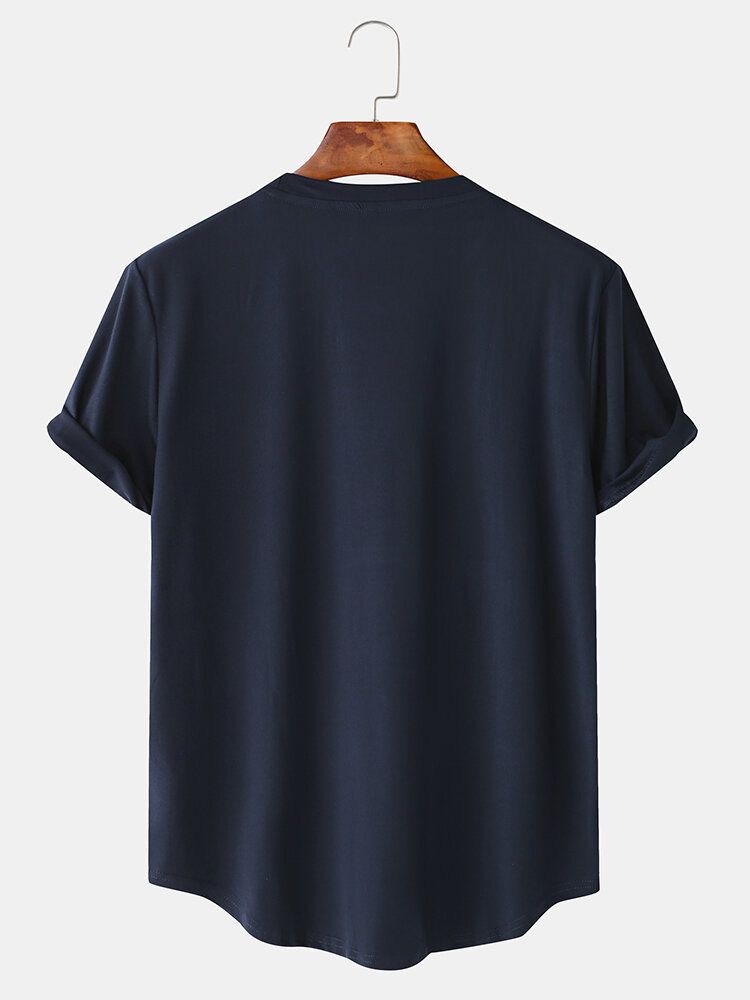 Camiseta Con Dobladillo Curvo Y Manga De Bandera Americana De Color Sólido Para Hombre Con Bolsillo