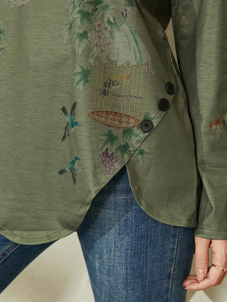 Camiseta Con Dobladillo Irregular De Manga Larga Con Cuello Redondo Y Estampado De Plantas Para Mujer