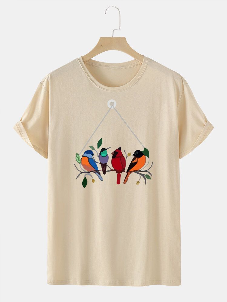 Camiseta De Cuello Redondo Con Estampado De Pájaros Coloridos 100% Algodón Para Hombre