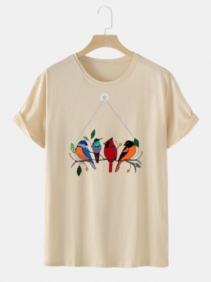 Camiseta De Cuello Redondo Con Estampado De Pájaros Coloridos 100% Algodón Para Hombre