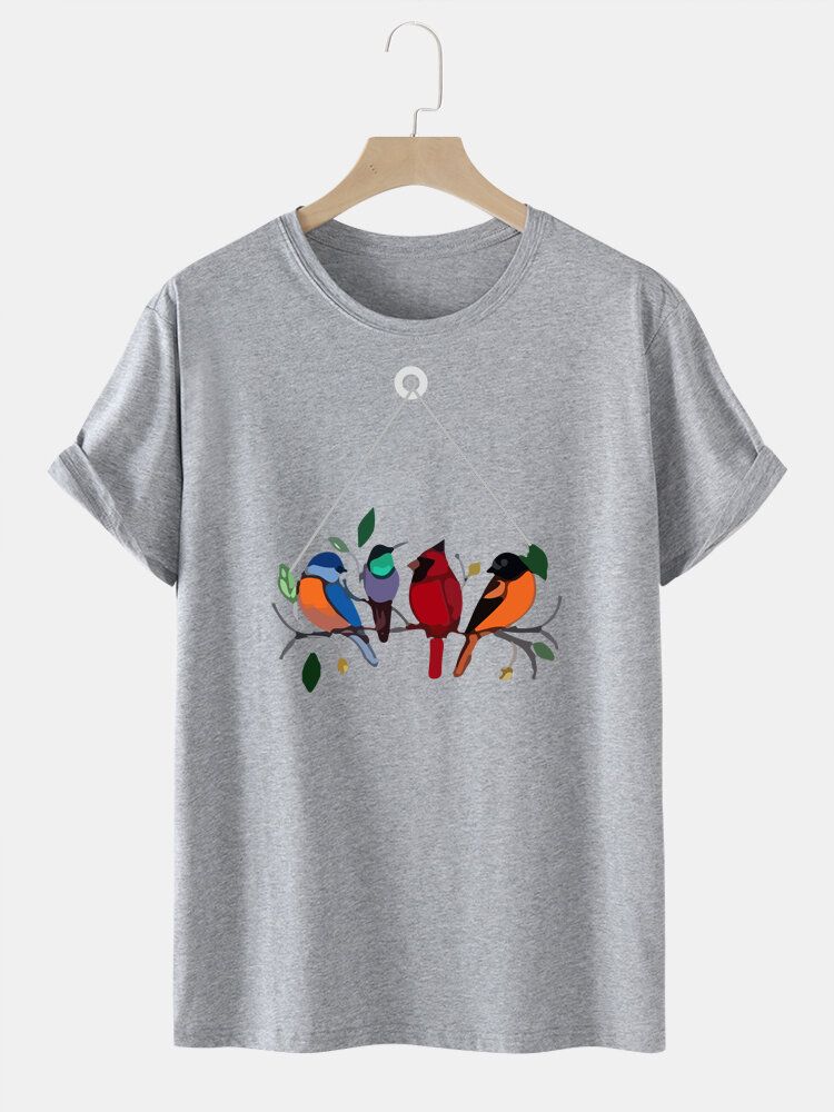 Camiseta De Cuello Redondo Con Estampado De Pájaros Coloridos 100% Algodón Para Hombre