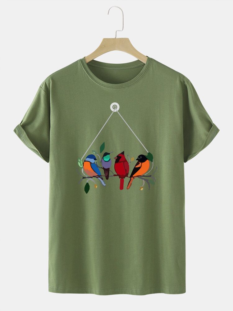 Camiseta De Cuello Redondo Con Estampado De Pájaros Coloridos 100% Algodón Para Hombre