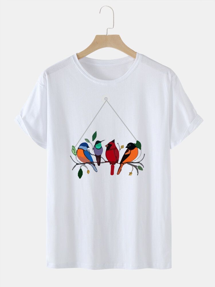 Camiseta De Cuello Redondo Con Estampado De Pájaros Coloridos 100% Algodón Para Hombre