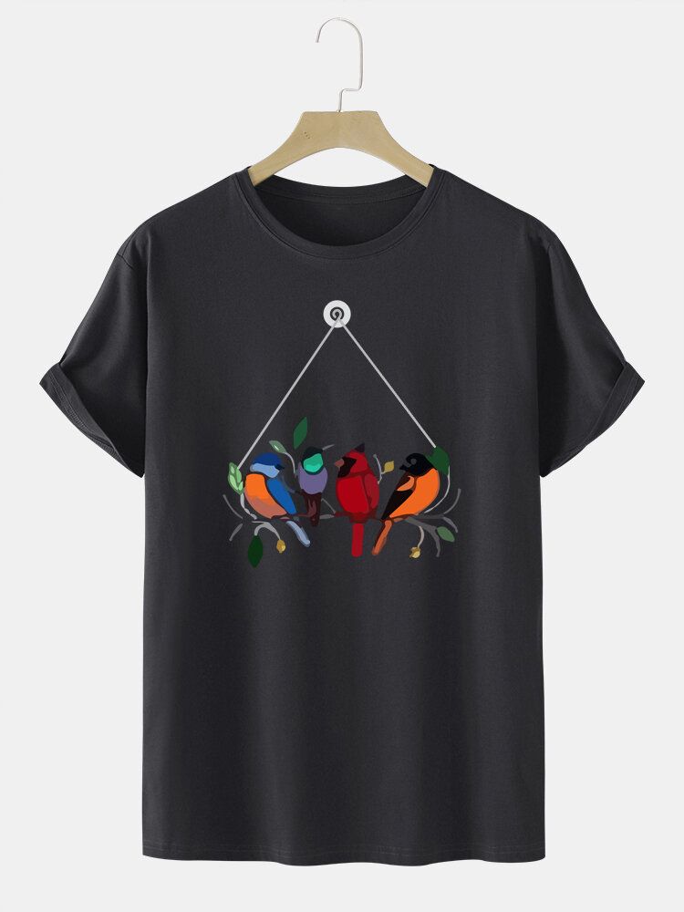 Camiseta De Cuello Redondo Con Estampado De Pájaros Coloridos 100% Algodón Para Hombre