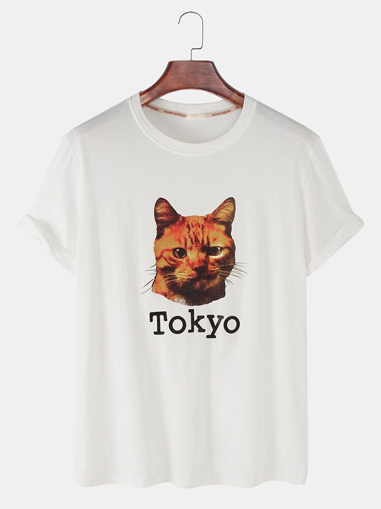 Camiseta De Cuello Redondo Ligera Suelta Transpirable Con Estampado De Tokyo Cat Para Hombre