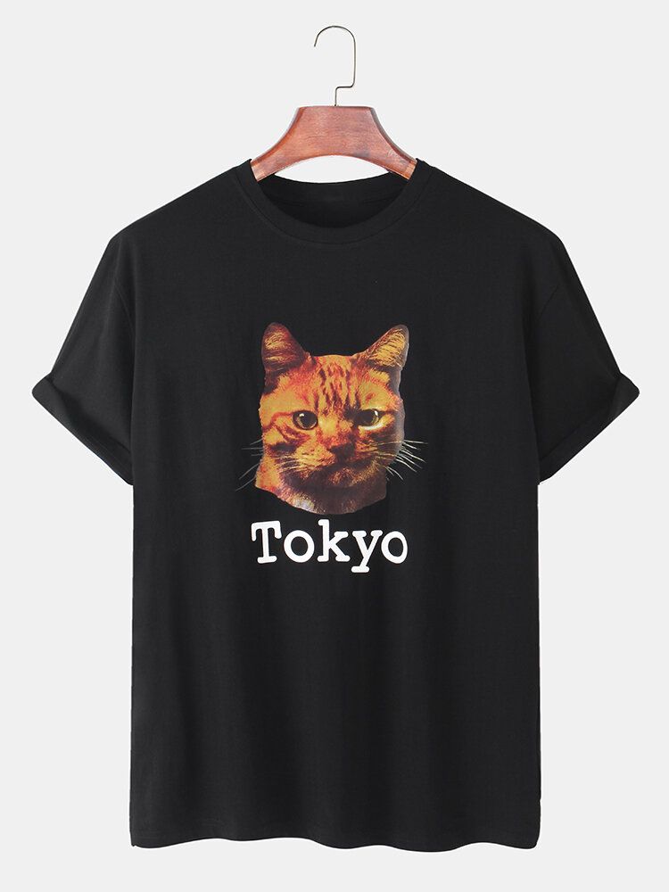 Camiseta De Cuello Redondo Ligera Suelta Transpirable Con Estampado De Tokyo Cat Para Hombre