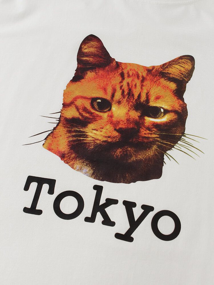 Camiseta De Cuello Redondo Ligera Suelta Transpirable Con Estampado De Tokyo Cat Para Hombre