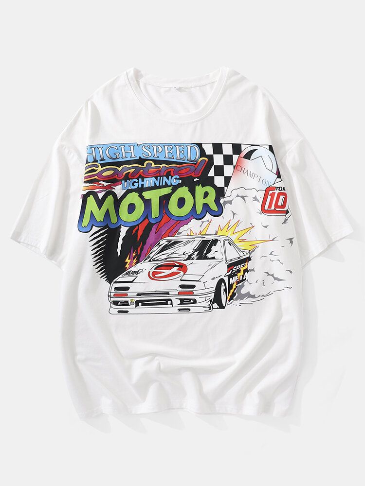 Camiseta De Cuello Redondo De Manga Corta Con Estampado De Coche 100% Algodón Para Hombre