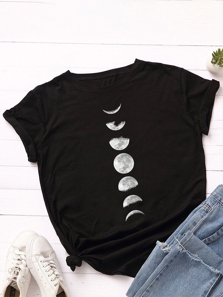 Camiseta Diaria De Manga Corta Con Cuello Redondo Y Estampado Gráfico Lunar Eclipse Para Mujer