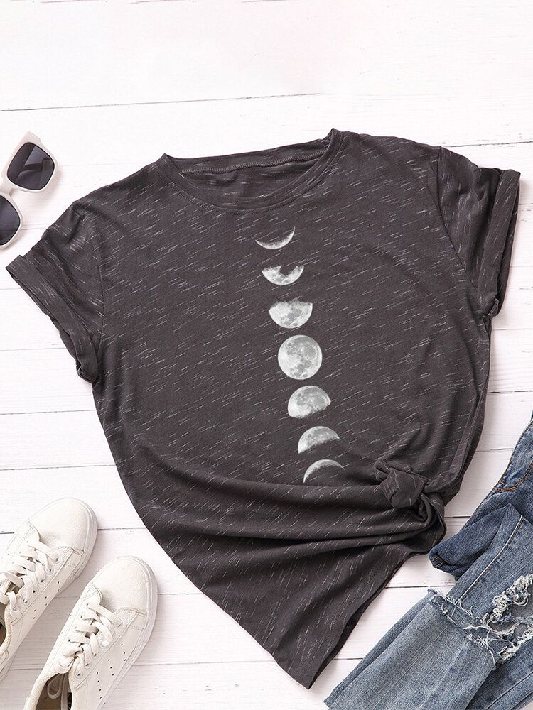 Camiseta Diaria De Manga Corta Con Cuello Redondo Y Estampado Gráfico Lunar Eclipse Para Mujer