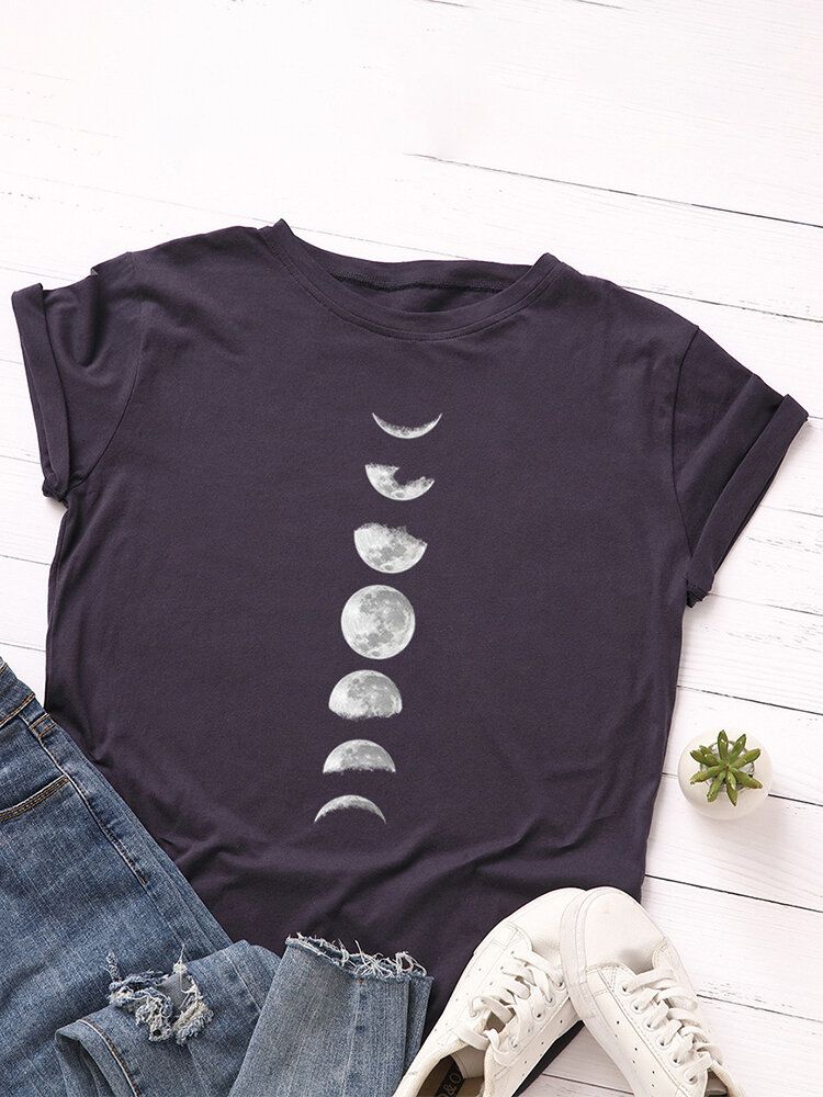 Camiseta Diaria De Manga Corta Con Cuello Redondo Y Estampado Gráfico Lunar Eclipse Para Mujer