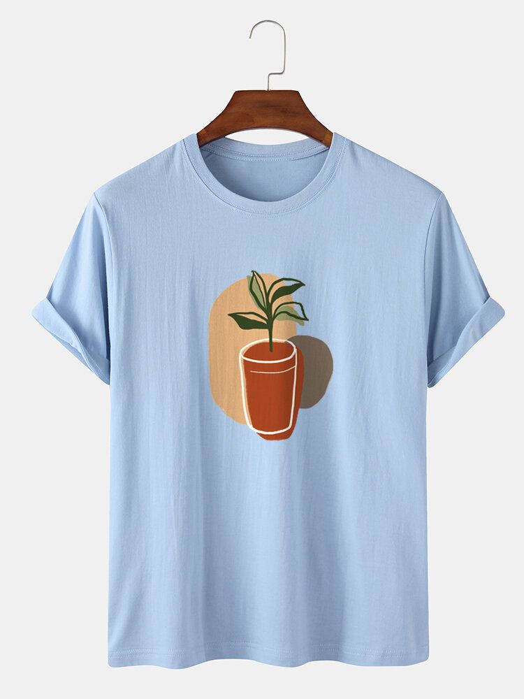 Camiseta Diaria De Manga Corta Con Cuello Redondo Y Estampado De Pintura De Plantas Abstractas Para Hombre 100% Algodón