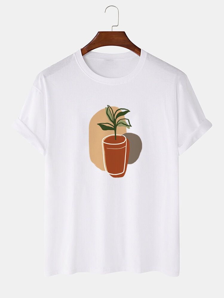 Camiseta Diaria De Manga Corta Con Cuello Redondo Y Estampado De Pintura De Plantas Abstractas Para Hombre 100% Algodón