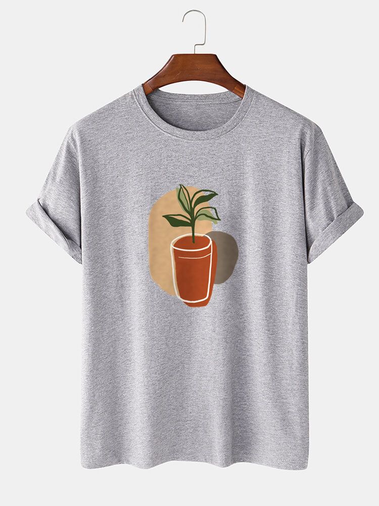 Camiseta Diaria De Manga Corta Con Cuello Redondo Y Estampado De Pintura De Plantas Abstractas Para Hombre 100% Algodón