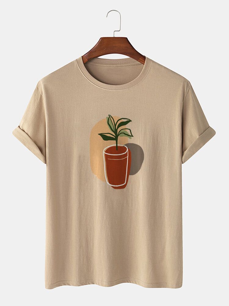 Camiseta Diaria De Manga Corta Con Cuello Redondo Y Estampado De Pintura De Plantas Abstractas Para Hombre 100% Algodón