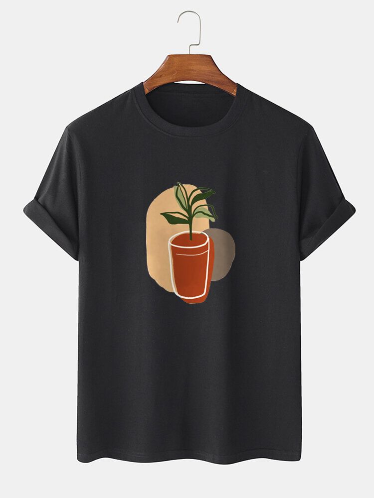 Camiseta Diaria De Manga Corta Con Cuello Redondo Y Estampado De Pintura De Plantas Abstractas Para Hombre 100% Algodón