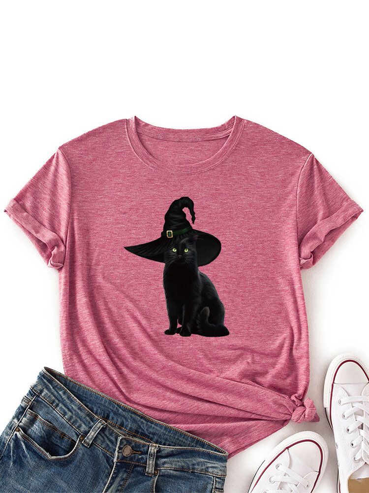 Camiseta Fina Casual De Manga Corta Con Estampado De Gato Negro Con Estampado De Gato Negro Para Mujer