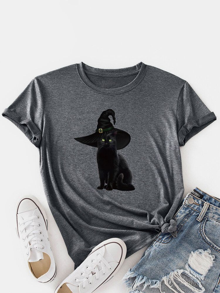 Camiseta Fina Casual De Manga Corta Con Estampado De Gato Negro Con Estampado De Gato Negro Para Mujer