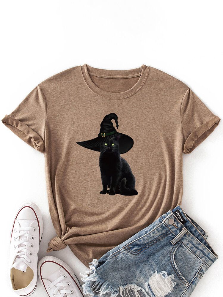 Camiseta Fina Casual De Manga Corta Con Estampado De Gato Negro Con Estampado De Gato Negro Para Mujer