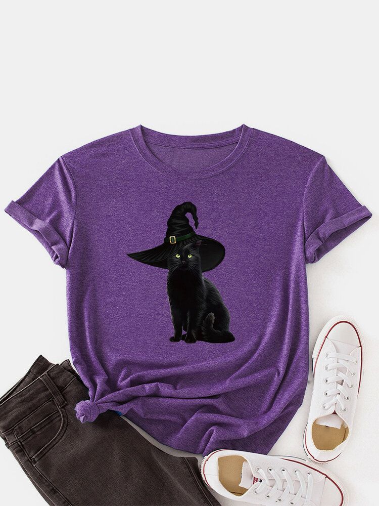 Camiseta Fina Casual De Manga Corta Con Estampado De Gato Negro Con Estampado De Gato Negro Para Mujer