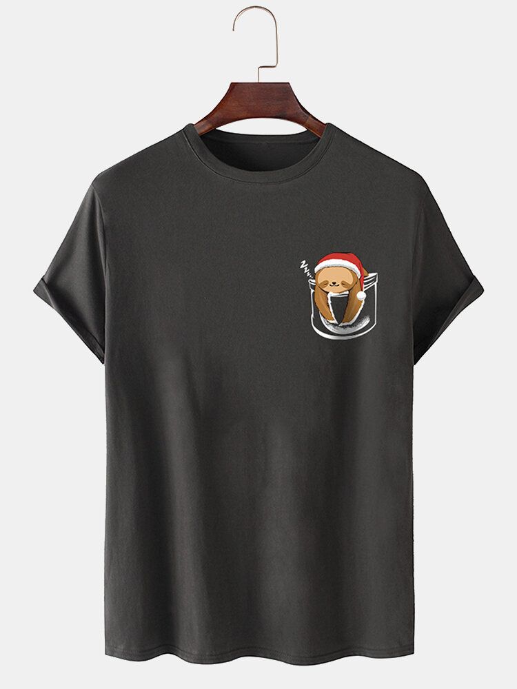 Camiseta Fina De Color Sólido Con Cuello Redondo Y Oso De Navidad 100% Algodón Para Hombre