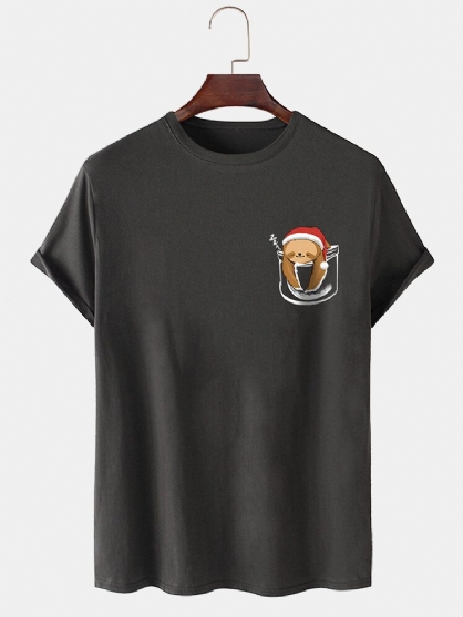 Camiseta Fina De Color Sólido Con Cuello Redondo Y Oso De Navidad 100% Algodón Para Hombre