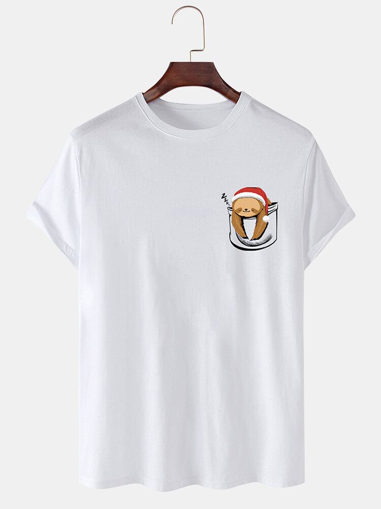 Camiseta Fina De Color Sólido Con Cuello Redondo Y Oso De Navidad 100% Algodón Para Hombre