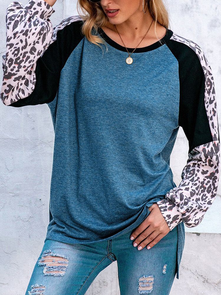 Camiseta Holgada Informal Con Cuello Redondo Y Manga Raglán De Leopardo Para Mujer